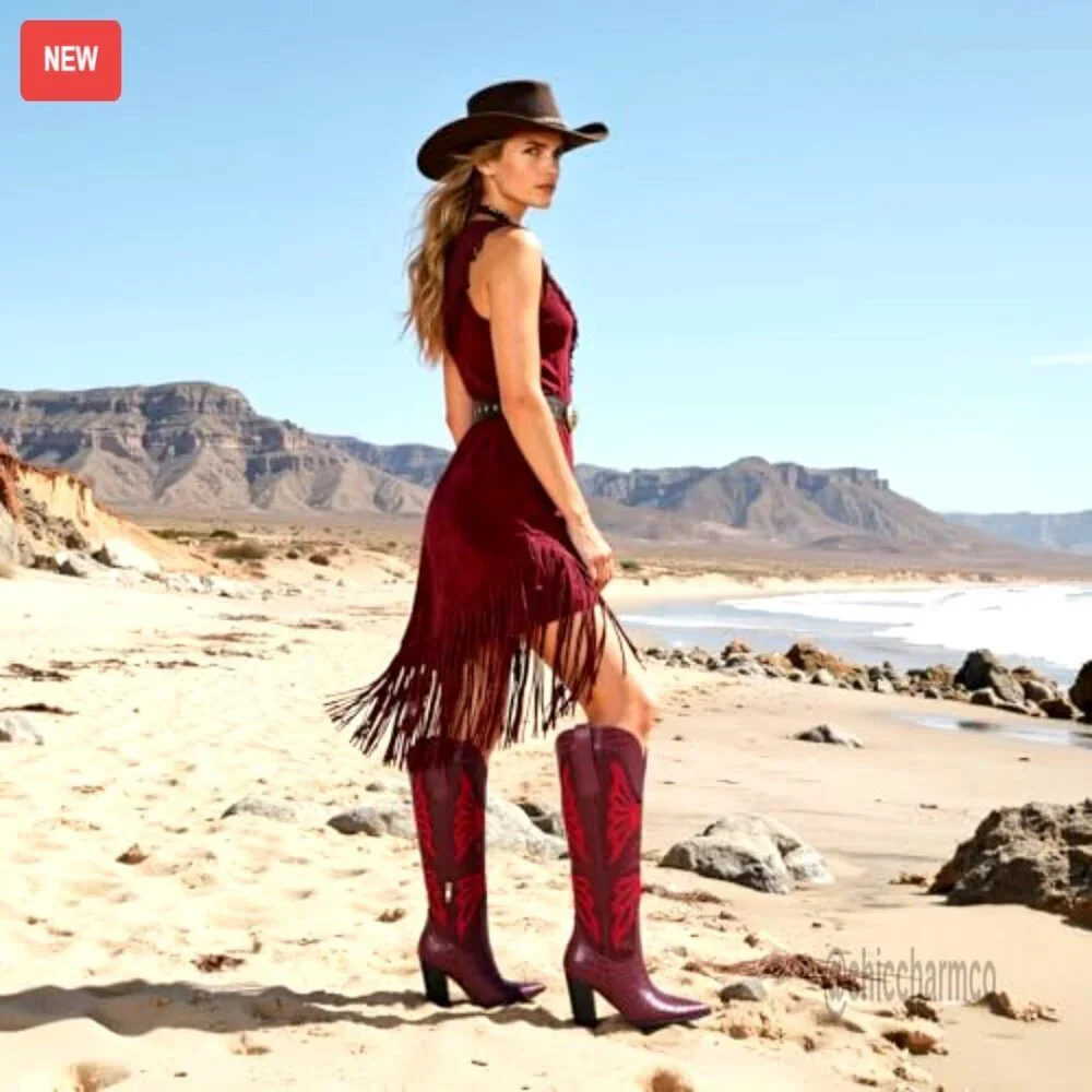 Pointed Toe Knee High Cowboy Boots with Chunky Heel and Butterfly Embroidery - Picture 3 of 7